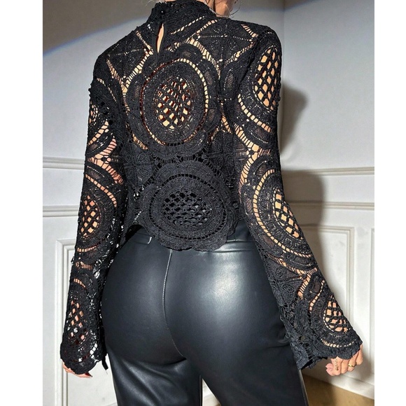 Luxe Sheer Mock neck Flared Long Sleeve Lace Blouse - Picture 6 of 9